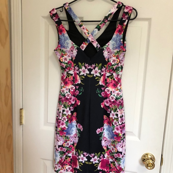 Guess, Floral Midi Dress, Black/Pink, Cross back, Size 2 - Picture 8 of 10